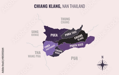 Map showing Chiang Klang District Nan Thailand divided into sub districts with minimalist colorful patterns