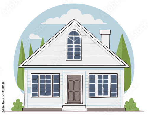 Illustration of a charming white house with a gable roof, windows, door, and a cartoonish style.