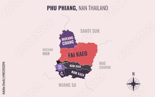 Map showing Phu Phiang District Nan Thailand divided into sub districts with minimalist colorful patterns