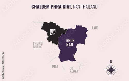 Map showing Chaloem Phra Kiat District Nan Thailand divided into sub districts with minimalist colorful patterns