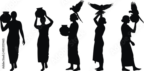 Set of Village Woman Silhouettes Carrying Water Pots on Heads, Featuring Exotic Birds, Rural Life, Traditional Culture, Daily Chores, and Art