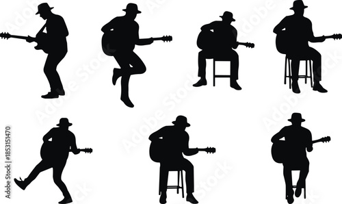 Set of Guitarist Silhouettes Wearing Hats Playing Acoustic Guitar, Featuring Musical Performance, Live Concert, Street Musician, Folk Artist, and Band Illustrations