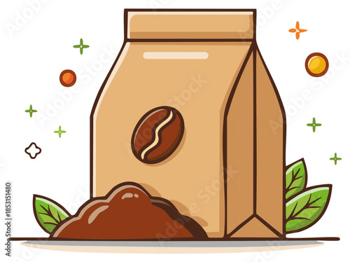 Fresh ground coffee kraft paper package with coffee beans and leaves illustration