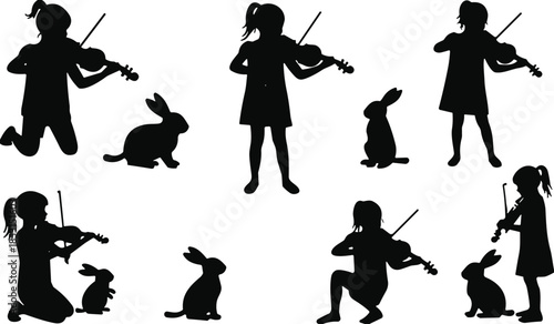Set of Girl Playing Violin Silhouettes with Cute Rabbit, Featuring Musical Performance, Childhood Hobby, Classical Music, Pet Bonding, and Artistic Illustrations