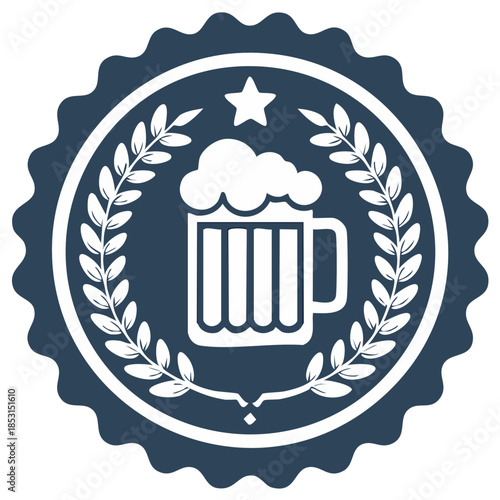 Craft Beer Emblem with Mug, Laurel Wreath, and Star in Navy Seal Style, Vintage Icon.