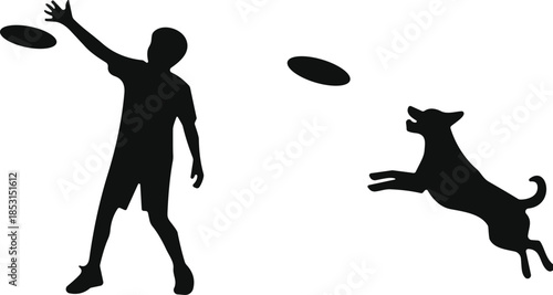 Silhouette of Boy Throwing Flying Disc to Leaping Dog, Outdoor Summer Activity, Pet Training, Active Lifestyle, Playful Bond, and Recreational Fun