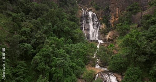 Aerial view of Ravana Ella Waterfall Cascading Through Lush Green Forest, Sri Lanka