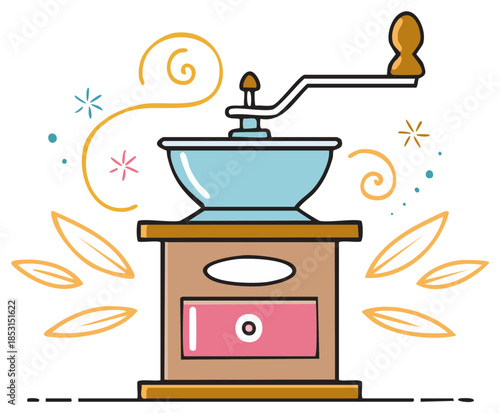 Hand crank coffee grinder with drawer, leaf and spiral decoration in light blue, pink and gold in a vector graphic