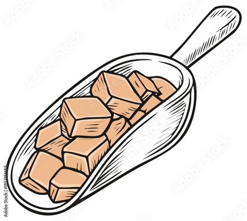 Wooden scoop filled with brown sugar cubes, sweet dessert confectionery, sweets shop