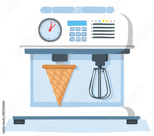 Cartoon ice cream machine with waffle cone and timer illustration