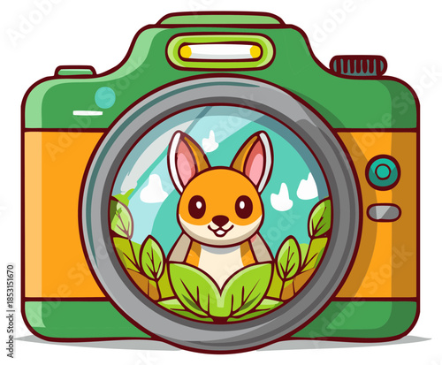 Cute cartoon hare with leaves behind a vintage green camera, playful scene concept, adorable animal