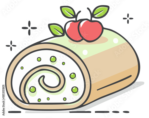Cute Cartoon Swiss Roll Cake with Green Frosting Red Cherries and Sparkles Sweet Dessert