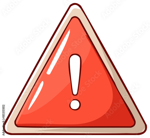 Cartoon style red warning sign with an exclamation mark symbol for danger, alert, or hazard
