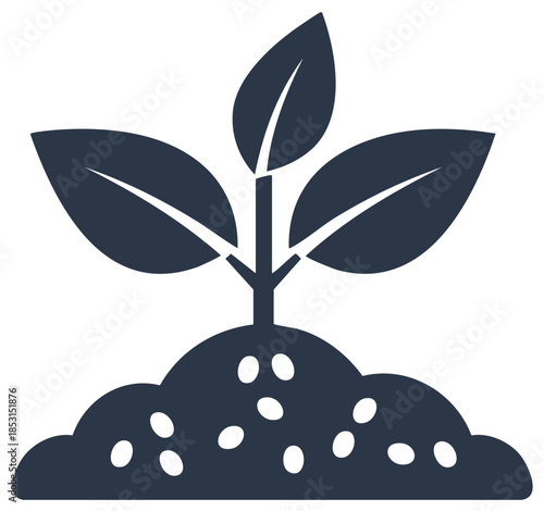 Dark blue silhouette of a seedling with three leaves emerging from soil with seeds
