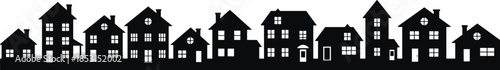 Black Silhouette of Suburban Houses Row with Different Architectural Designs for Real Estate, Neighborhood Community, Urban Street Scene, and Housing Development