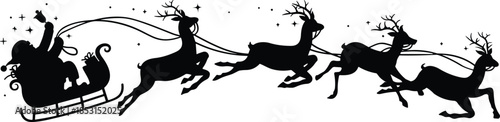 Christmas Silhouette of Santa Claus in Sleigh Pulled by Reindeer Team Flying through Starry Night Sky for Holiday Greeting Card Design