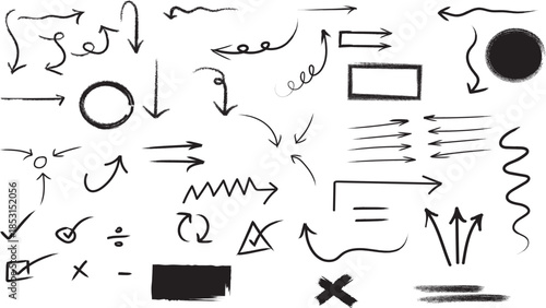 Collection of various black hand drawn arrows and symbols on a white background