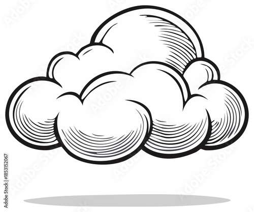 Stylized Cumulus Cloud With Engraving Lines and Shadow in Black and White