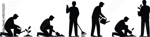 Black Silhouette Vector Illustration of Gardeners and Farmers Planting, Raking, and Watering Plants and Trees, Representing Growth, Agriculture, and Outdoor Spring Work Concept.