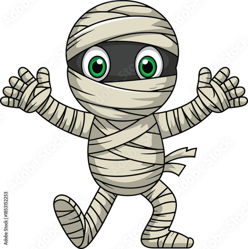 Cartoon mummy character, wrapped bandages, green eyes, playful pose, Halloween costume, spooky figure, kids illustration, undead theme, horror fun