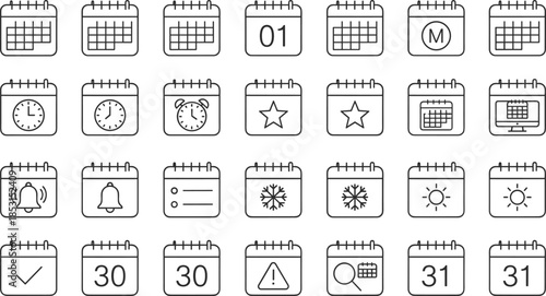 Calendar and Time Management Icons Set, Daily Planner, Schedule, Appointment, Deadline, Date Reminder, Event Planning, Business Organization, Vector Flat Line Illustration