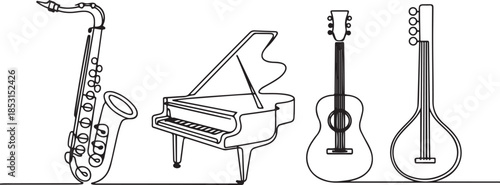 One continuous line musical Instruments. Orchestra saxophone, grand piano, acoustic guitar and sitar. Jazz music isolated vector set.one line vector illustration with out background.