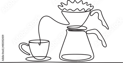 Continuous Line Art Illustration of a Pour Over Dripper Cup and Kettle in Organic Sketch Contour
