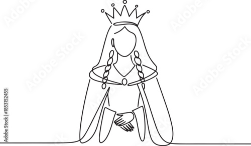 medieval historical european monarch princess queen. Beautiful queen with long hair and crown on head.one line vector illustration with out background.