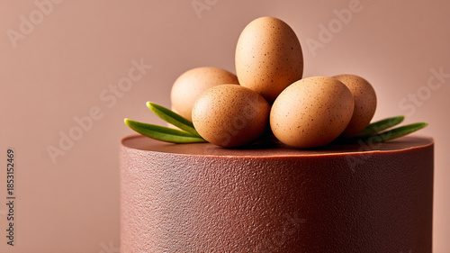 Chocolate cake with chocolate eggs. The concept of Easter desserts.