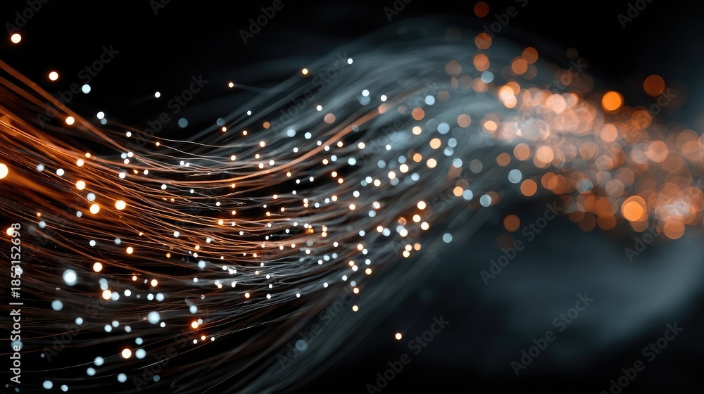 Obraz premium Fiber optic cables and advanced network hardware visualizing high-speed internet infrastructure enabling reliable connectivity for remote work and cloud computing