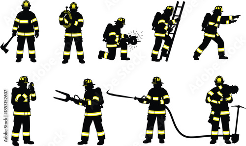 Collection of fire rescue worker silhouettes in various action poses with essential safety equipment, flat vector graphic illustration, emergency services hero team on white background