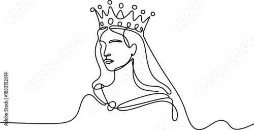 medieval historical european monarch princess queen. Beautiful queen with long hair and crown on head.one line vector illustration with out background.