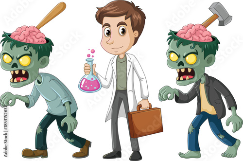 Cartoon scientist with zombies, horror experiment, glowing eyes, exposed brains, lab coat, bubbling flask, undead characters, science fiction illustration