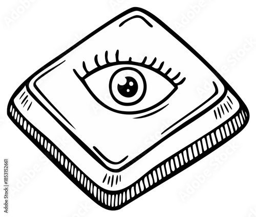 Stylized Eye Design Centered on a Rhombus Shaped Stone Tile in Bold Black and White Line Art