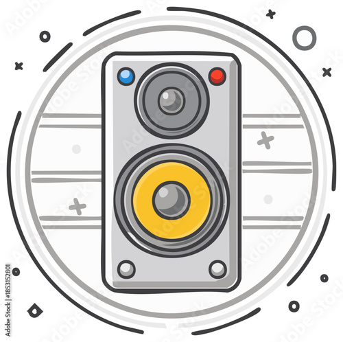 Cartoon Style Loudspeaker with Yellow Woofer and Decorative Elements