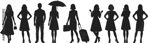 Group of diverse people silhouettes in casual outfits standing together for architecture cad drawing flat vector illustration isolated on a white background