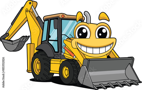 Cartoon backhoe loader, smiling construction vehicle, anthropomorphic machine, kids illustration, expressive eyes, yellow truck, animated digger, cheerful character, fun