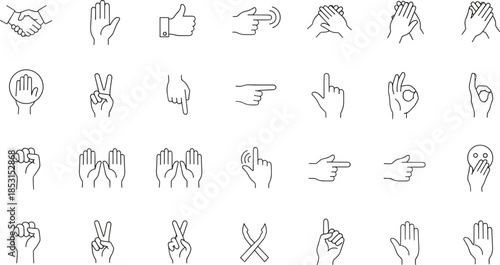 Hand Gestures Line Icon Collection, Outline Drawings of Various Poses, Showing Finger