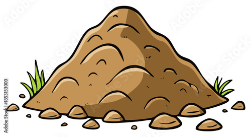 Cartoon drawing of a pile of dirt with grass and rocks surrounding it for education or construction themed projects