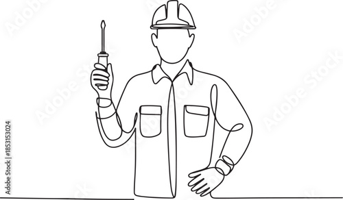 Set of builder with screwdriver in a work uniform, electrician, handyman, hard hat one line art.one line vector illustration with out background.