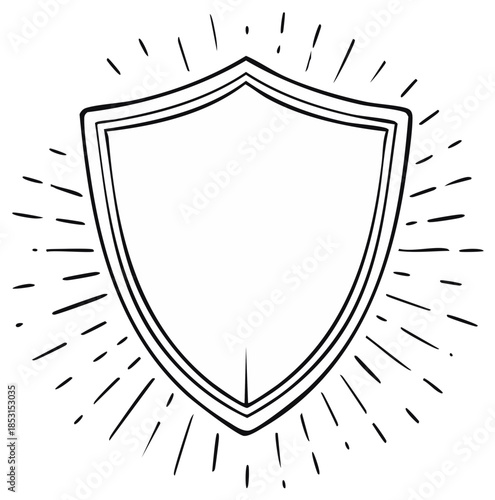 Hand-drawn shield illustration with sunburst rays, heraldry emblem design