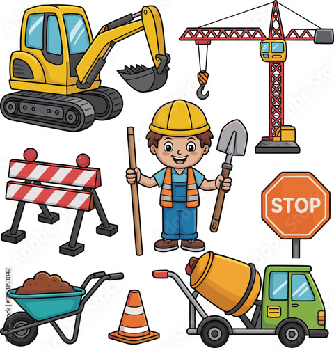 Cartoon construction scene, excavator, crane, cement mixer, worker with shovel, traffic cone, stop sign, barricades, kids illustration, safety gear