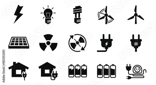 Vector collection of electric light bulb icons and business web design symbols featuring a black art illustration set for internet tools