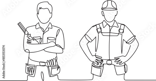 Set of builder with screwdriver in a work uniform, electrician, handyman, hard hat one line art.one line vector illustration with out background.