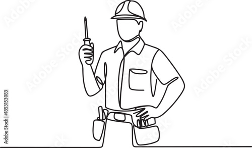 Set of builder with screwdriver in a work uniform, electrician, handyman, hard hat one line art.one line vector illustration with out background.