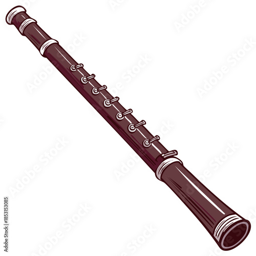 A detailed cartoon illustration of a classical woodwind clarinet instrument