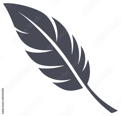 Graceful single feather illustration in a modern dark gray minimalist vector design style