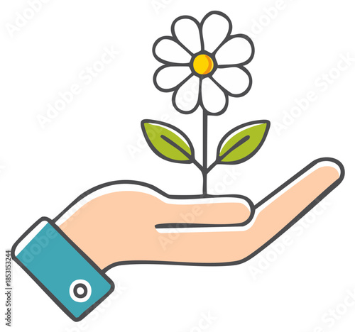 Hand holding a growing plant with a daisy flower and leaves in flat design style