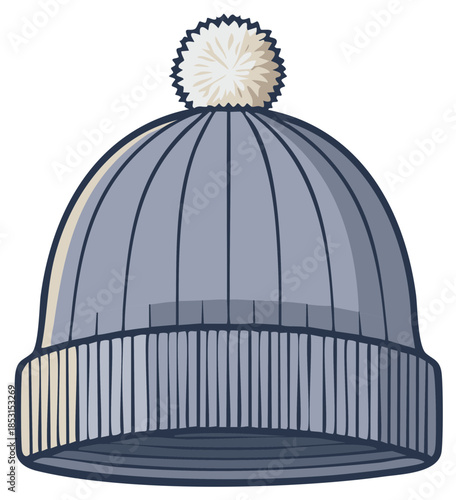 Gray knitted winter hat with a pom pom on top for cold weather protection