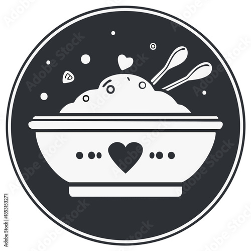 Cute stylized bowl of food with hearts and spoons inside a circle emblem